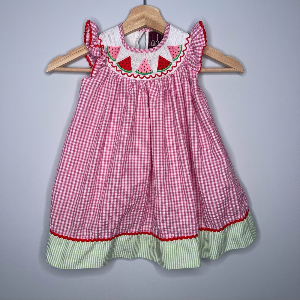 Girls Lil Cactus seersucker watermelon smoked bishop dress‎ Pink Checkered Dress